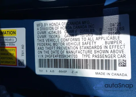 2025 Honda Civic Hybrid Sport/Sport Touring z USA, uszkodzony, nr VIN 2HGFE4F85SH341703